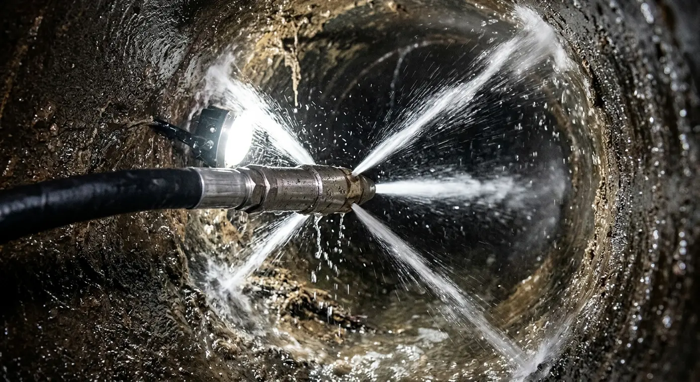 High-pressure hydro jetting nozzle cleaning sewer pipe for Trenchless Sewer Repair in Clemmons