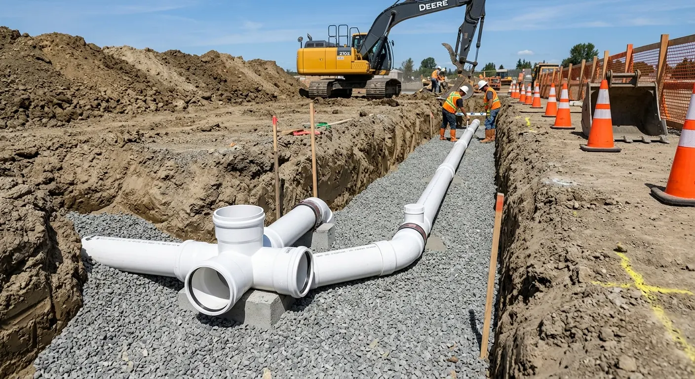 New PVC sewer pipe installation in open trench for Commercial Drain Cleaning in Clemmons