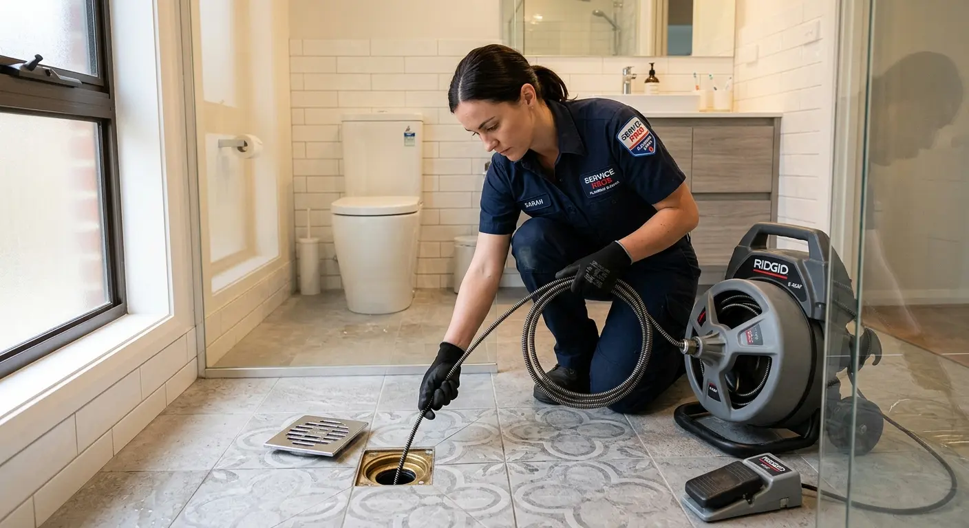 Technician clearing a bathroom floor drain for Clogged Drain Repair in Clemmons